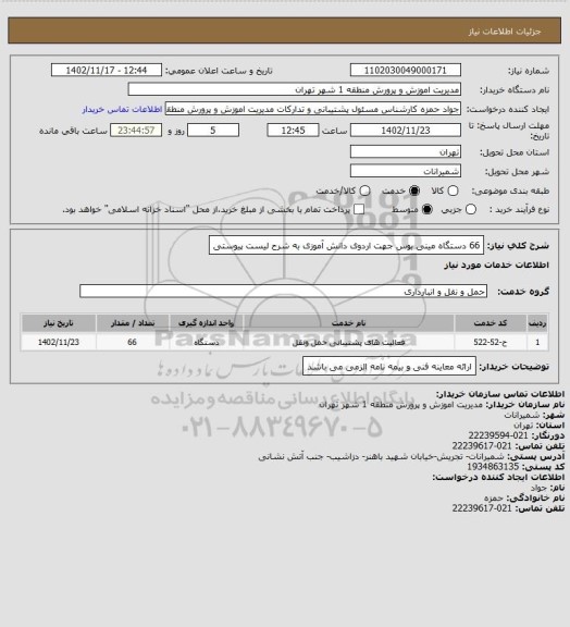 استعلام 66 دستگاه مینی بوس جهت اردوی دانش آموزی به شرح لیست پیوستی