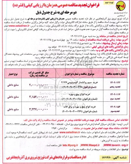 فراخوان تجدید مناقصات خرید سیم روکشدار آلومینیومی 2.126 و ... ​​​​​​​نوبت دوم 