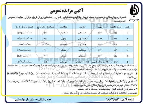 مزایده فروش پلاکهای مسکونی -تجاری - خدماتی 