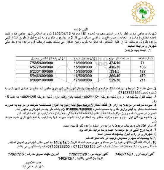 مزایده فروش  تعداد زمین از اراضی مسکن