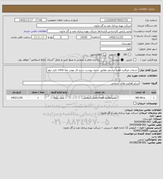 استعلام خدمات  مراقبت موارد مستمر مطابق جدول پیوست شرح کار بهمن ماه 1402 تکرار دوم