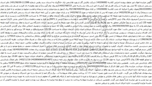 آگهی مزایده تمامت ششدانگ عرصه و اعیان یکدستگاه آپارتمان واقع در طبقه 14 به مساحت 121/26(صد و بیست و یک ممیز بیست و شش)