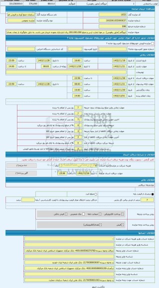 مزایده ، ایزوگام (عایق رطوبتی)  در مونا تجارت ارس و مبلغ 200.000.000 ریال انبارداری بعهده خریدار می باشد. به دلیل جلوگیری از تبع