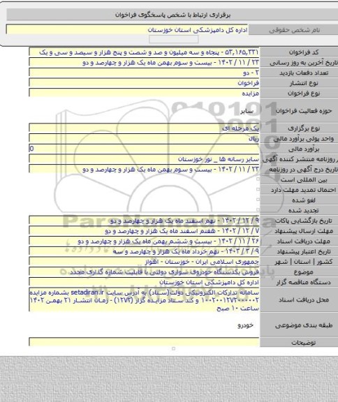 مزایده, فروش یکدستگاه خودروی سواری دولتی با قابلیت شماره گذاری مجدد