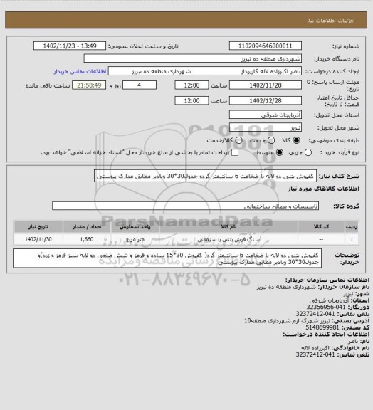 استعلام کفپوش بتنی دو لایه با ضخامت 6 سانتیمتر گردو جدول30*30 وبادبر مطابق مدارک پیوستی