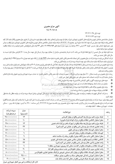 حراج حضوری بهره برداری از تعدادی غرف واقع در سطح شهر