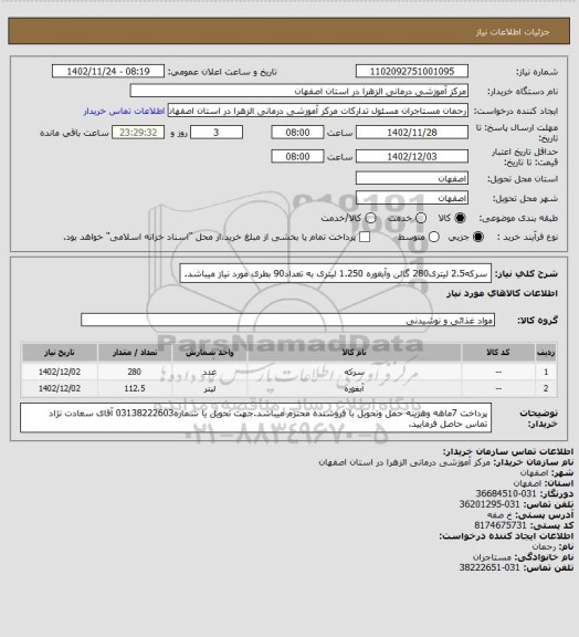 استعلام سرکه2.5 لیتری280 گالن وآبغوره 1.250 لیتری به تعداد90 بطری مورد نیاز میباشد.