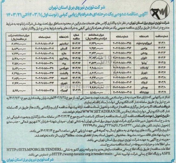 مناقصه واگذاری آژانسهای خدمات مشترکین در محدوده مناطق برق 