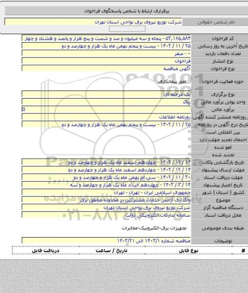 مناقصه, واگذاری آژانس خدمات مشترکین در محدوده مناطق برق