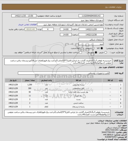 استعلام خریدریسه بلوطی7رنگ10متری گارانت دار ایرانی-کابل2*2/5صائب/آذر-لنت برق-فیوزتکفازال جی16آمپر-ریسمان بنائی-ساعت نجومی (شیواامواج16آمپر-بست کمری40سانت