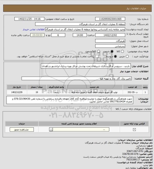 استعلام بازدید ، سرویس و گریسکاری شیرهای تحت پوشش مراکز بهره برداری ایرانشهر و زاهدان