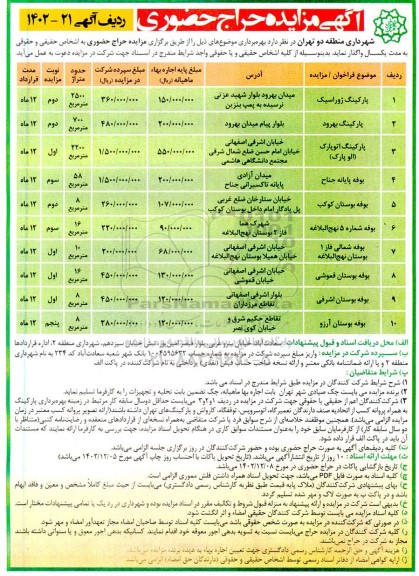 مزایده بهره برداری پارکینگ و بوفه