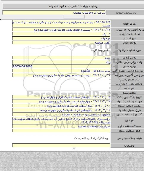 مناقصه, برونسپاری راهبری،بهره برداری منابع تامین آب تاسیسات پمپاژ،انتقال شهرستان تویسرکان ع/۹-۱۴۰۲/۱۳۶