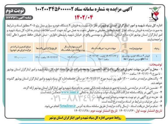 مزایده فروش 4 دستگاه خودرو سواری پژو 405glx - نوبت دوم