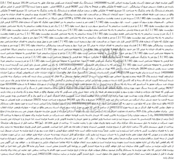 آگهی مزایده ششدانگ یک قطعه آپارتمان مسکونی نوع ملک طلق به مساحت 191.04 مترمربع