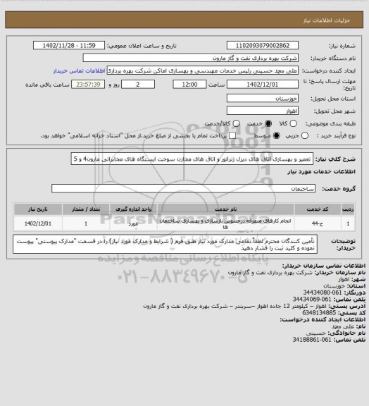 استعلام تعمیر و بهسازی اتاق های دیزل ژنراتور و اتاق های مخازن سوخت ایستگاه های مخابراتی مارون4 و 5