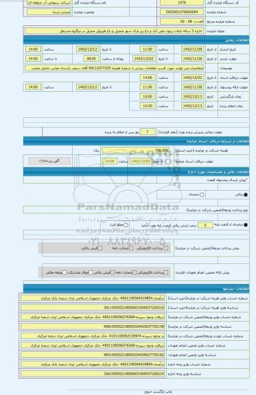 مزایده ،  اجاره 3 ساله باغات زیتون علی آباد و باغ زیر پارک شهر منجیل و باغ هرزویل منجیل در دوگروه مستقل