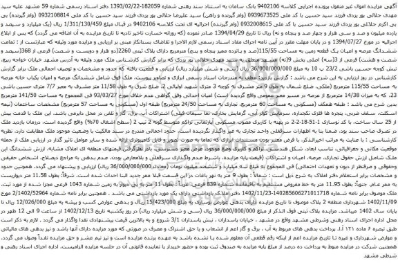 آگهی مزایده ششدانگ عرصه و اعیان یک قطعه زمین به مساحت 115/55(صد و پانزده ممیز پنجاه و پنج) مترمربع دارای پلاک ثبتی 2260