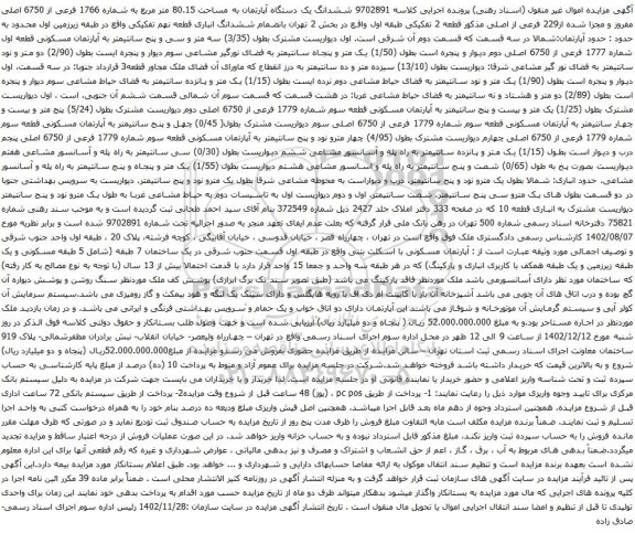 آگهی مزایده ششدانگ یک دستگاه آپارتمان به مساحت 80.15 متر مربع به شماره 1766 فرعی از 6750 اصلی مفروز و مجزا شده از229 فرعی از اصلی