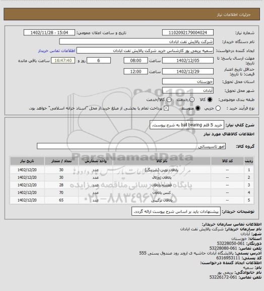 استعلام خرید 5 قلم ball bearing به شرح پیوست.