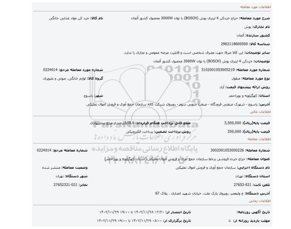 خردکن 4 لیتری بوش (BOSCH) با توان 3000W محصول کشور آلمان