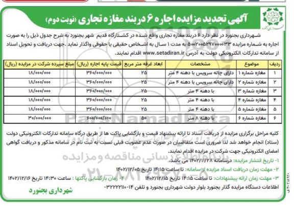 مزایده واگذاری 6 دربند مغازه تجاری- نوبت دوم