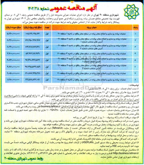 مناقصه عملیات پیاده روسازی و اصلاح معابر پیاده در سطح معابر 