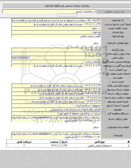 مناقصه, اجرای ارائه خدمات حسابداری مالی و مشترکین