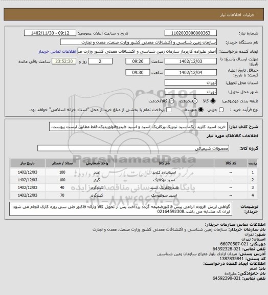 استعلام خرید اسید کلرید ریک،اسید نیتریک،پرکلریک اسید و اسید هیدروفلوئوریدیک.فقط مطابق لیست پیوست.