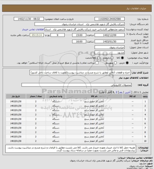 استعلام اجزاء و قطعات آنالایزر مطابق با شرح مندرج در دیتاشیت پیوست(اولویت با کالای ساخت داخل کشور)