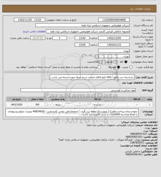 استعلام   نشاسته ذرت   اقلام :  300 کیلو     کالای انتخاب شده صرفا جهت تشابه می باشد.