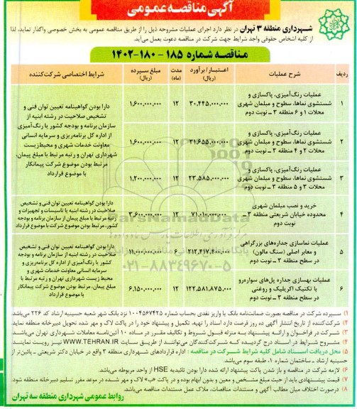 مناقصه عملیات رنگ آمیزی، پاکسازی و شستشوی نماها، سطوح و مبلمان شهری .... - نوبت دوم