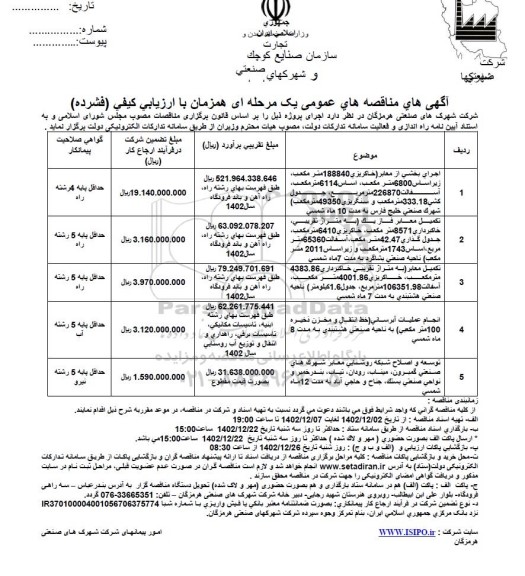 مناقصه اجرای بخشی از معابر خاکریزی 188840 متر مكعب زير اساس 6800 متر مكعب...