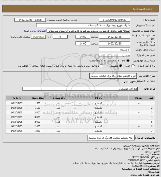 استعلام انواع کابلشو مطابق 25 برگ الزامات پیوست