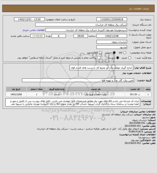 استعلام اندازه گیری عوامل زیان آور محیط کار در پست های فشار قوی