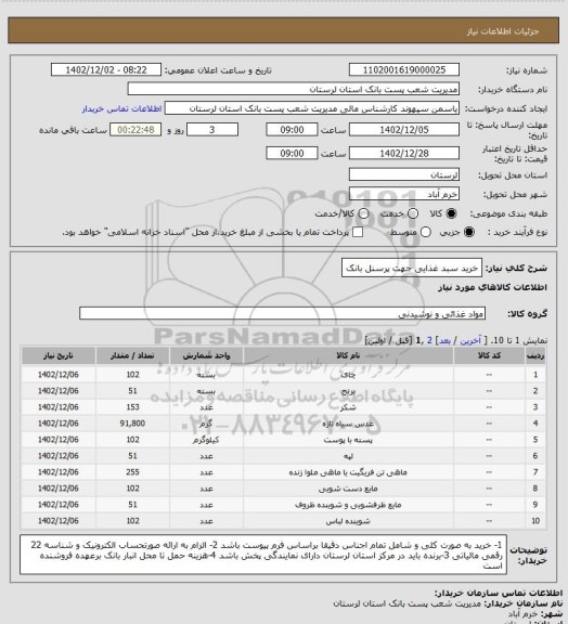 استعلام خرید سبد غذایی جهت پرسنل بانک