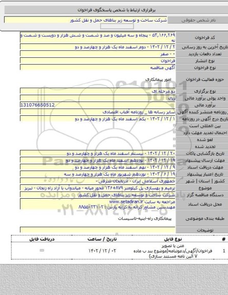 مناقصه, ترمیم و بهسازی پل کیلومتر ۸۷۹+۱۳۶ محور میانه - میاندوآب با آزاد راه زنجان - تبریز