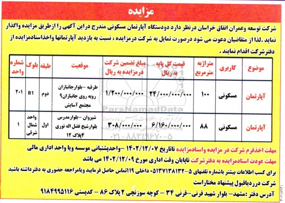 مزایده واگذاری دو دستگاه آپارتمان مسکونی