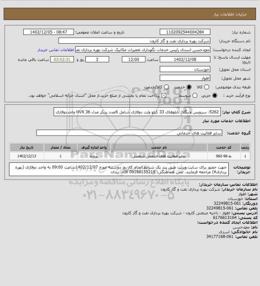 استعلام 5262- سرویس و رگلاژ تابلوهای 33 کیلو ولت دوفازی شامل 6عدد بریکر مدل HVX 36 واحددوفازی