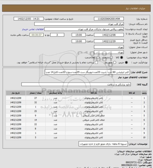 استعلام کتتر ابیلیشن 60 عدد- شیت 23عدد-تیوبینگ ست 25عدد-سوزن 22عدد-کابل14 عدد