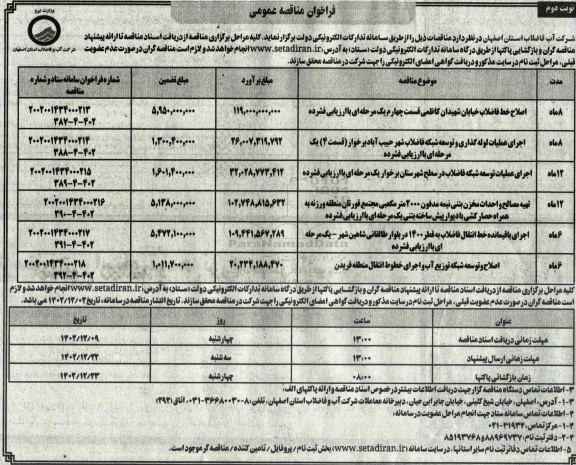 فراخوان مناقصه اصلاح خط فاضلاب خیابان شهیدان کاظمی  و ...  ـ نوبت دوم