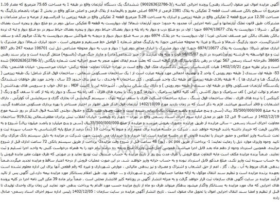 مزایده ششدانگ یک دستگاه آپارتمان واقع در طبقه 1 به مساحت 75.65 مترمربع که مقدار 1.16 مترمربع 