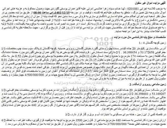 مزایده فروش زمین ، خانه سرای مسکونی با امتیازات آب و برق و گاز