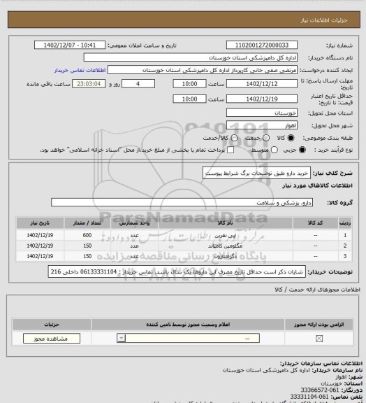 استعلام خرید دارو طبق توضیحات برگ شرایط پیوست