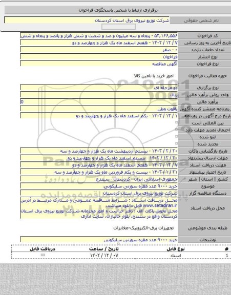 مناقصه, خرید ۹۰۰۰ عدد مقره سوزنی سلیکونی