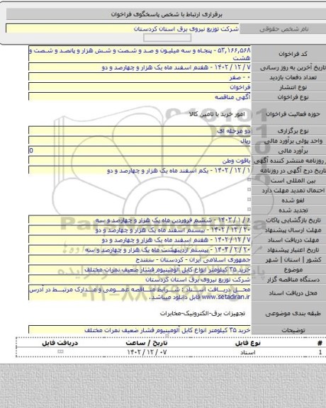 مناقصه, خرید ۳۵ کیلومتر انواع کابل آلومینیوم فشار ضعیف نمرات مختلف