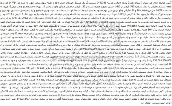 مزایده ششدانگ یک دستگاه اپارتمان اداری واقع در طبقه سوم سمت جنوب به مساحت 147/14 متر مربع قطعه ششم تفکیکی 