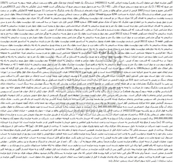 مزایده ششدانگ یک قطعه آپارتمان نوع ملک طلق واقع درسمت شرقی طبقه سوم به مساحت 155/71 متر مربع که (95 / 1) یک متر و نود وپنج 