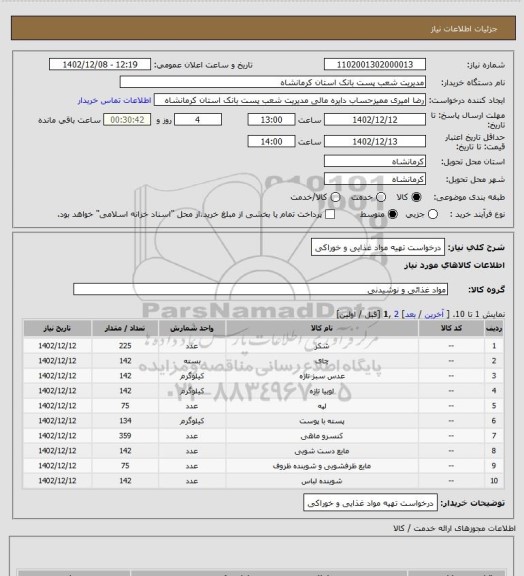 استعلام درخواست تهیه مواد غذایی و خوراکی