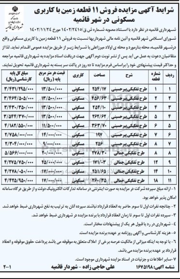 مزایده فروش 11 قطعه زمین با کاربری مسکونی 